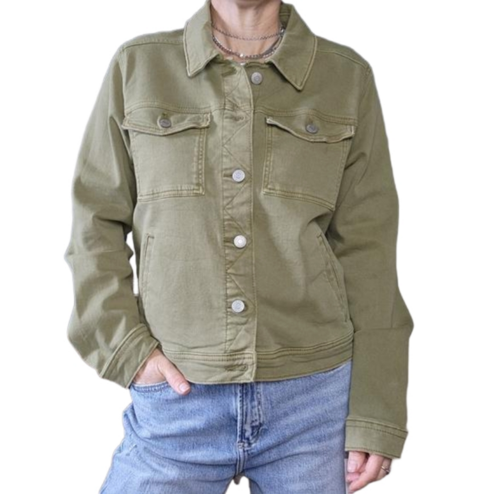 Denim Jacket Cropped  Collared Retro Vintage vibe Olive green Cotton SONOMA NWT